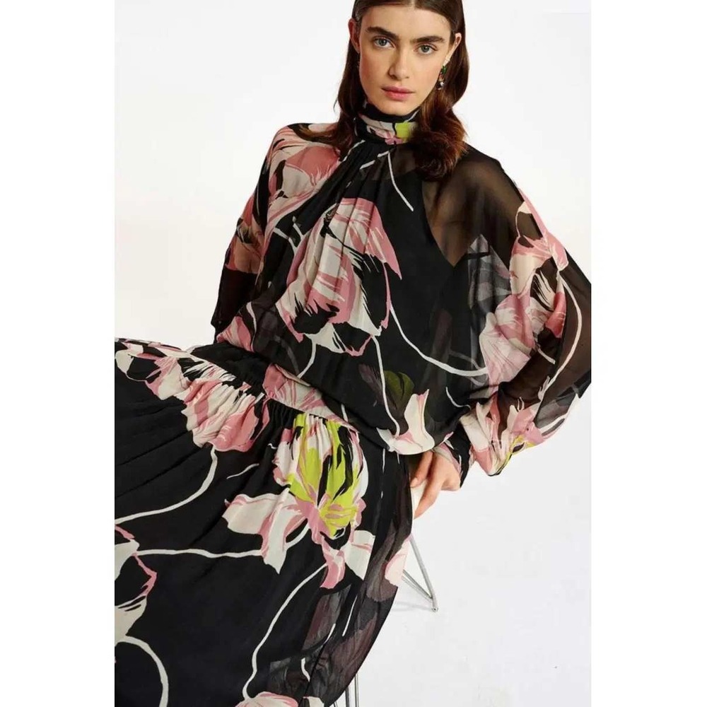 Essentiel Belgium dress mini black sheer floral tie waist aubrey puff loose SM